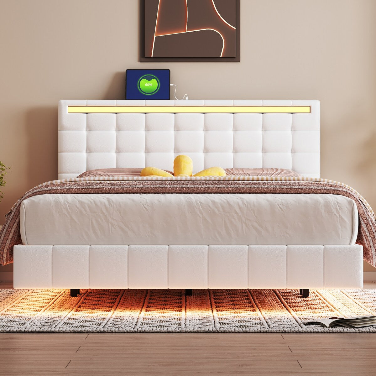 White Upholstered Floating Platform: Usb Charging, Led Lights