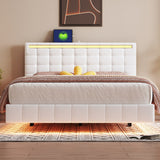 White Upholstered Floating Platform: Usb Charging, Led Lights