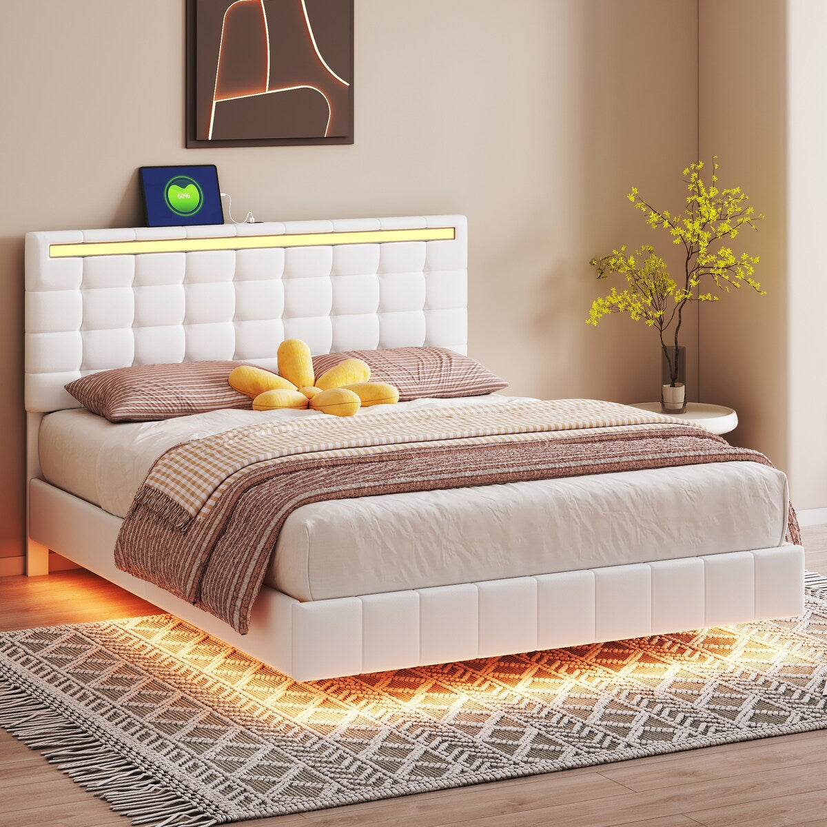 White Upholstered Floating Platform: Usb Charging, Led Lights
