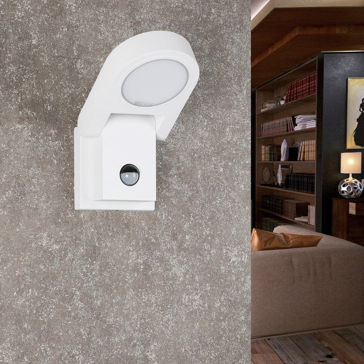 White Wall Light Outdoor PIR Sensor Integrated LED Wall Mount Lamp Round Wall Sconce Lighting with Motion Sensor