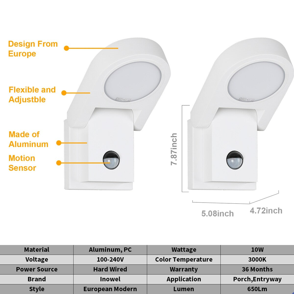 White Wall Light Outdoor PIR Sensor Integrated LED Wall Mount Lamp Round Wall Sconce Lighting with Motion Sensor