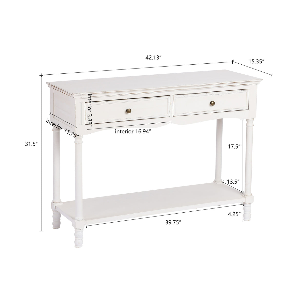 Distressed White Wood 2-Drawer 1-Shelf Console and Entry Table