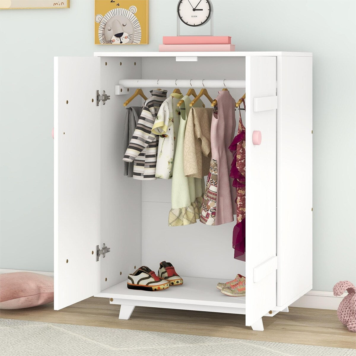 White Wooden Wardrobe Cabinet with Hanging Rod