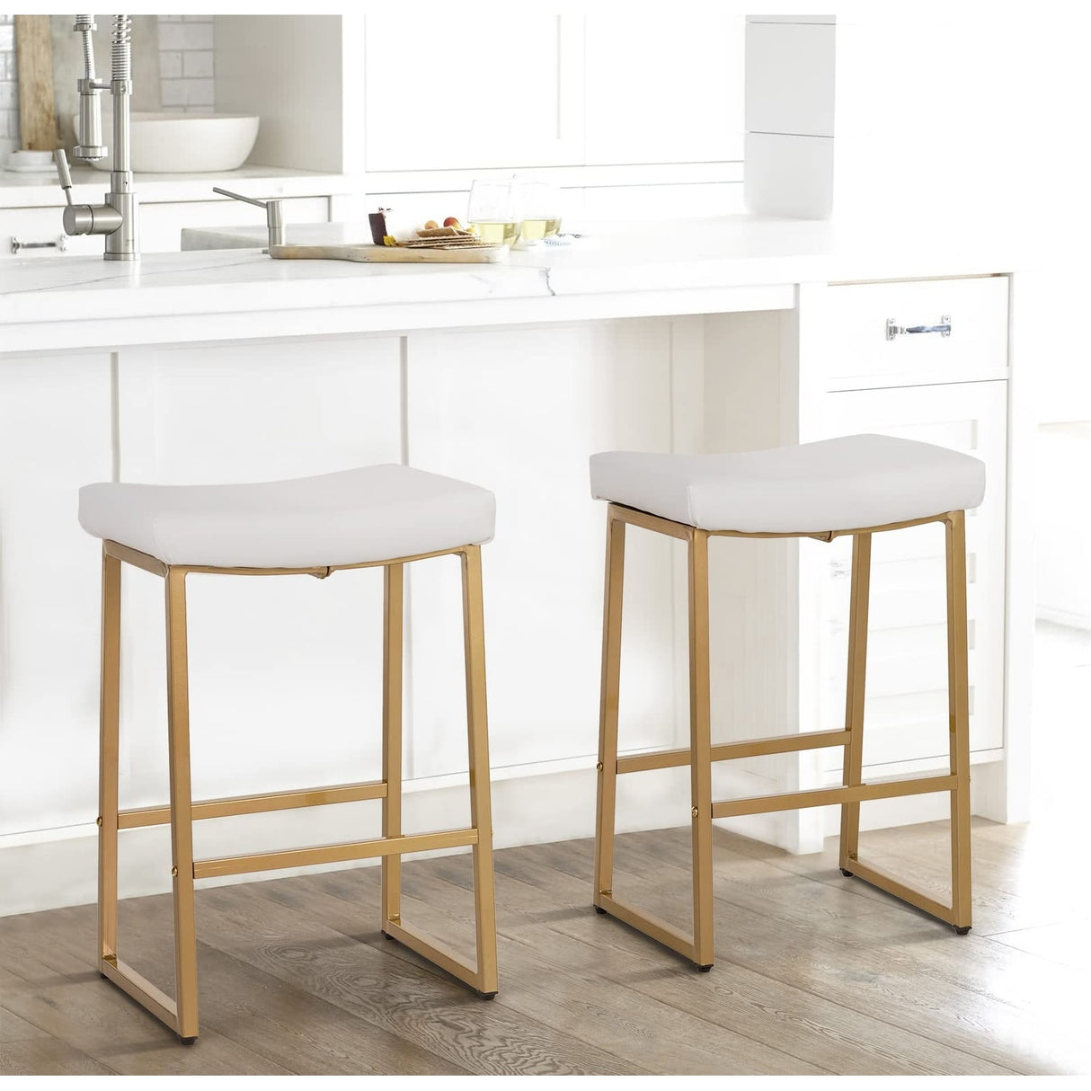 White & Gold Bar Stools Set of 2 for Kitchen Counter Backless Counter Height 24 Inches Saddle Stools Modern Gold Barstools
