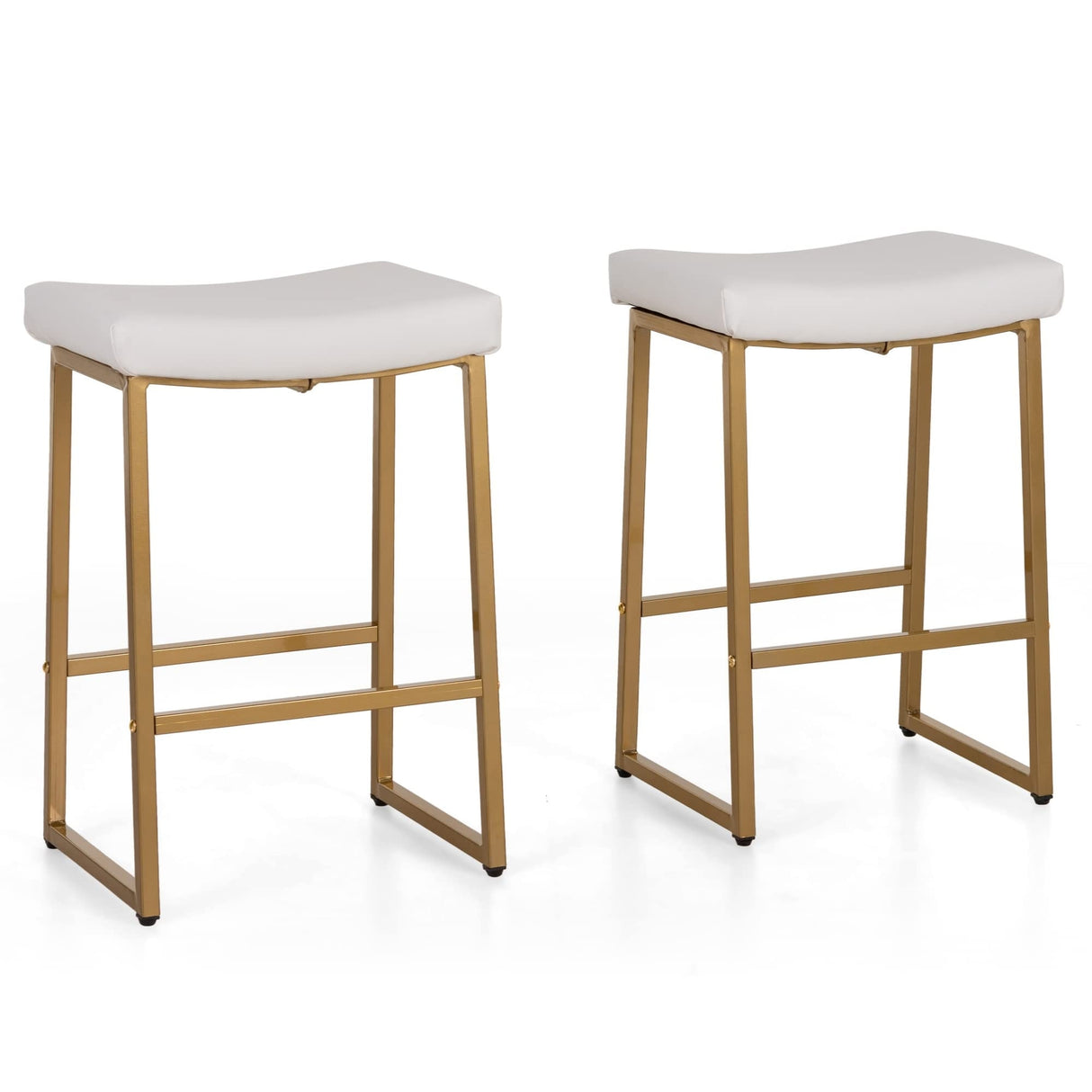 White & Gold Bar Stools Set of 2 for Kitchen Counter Backless Counter Height 24 Inches Saddle Stools Modern Gold Barstools