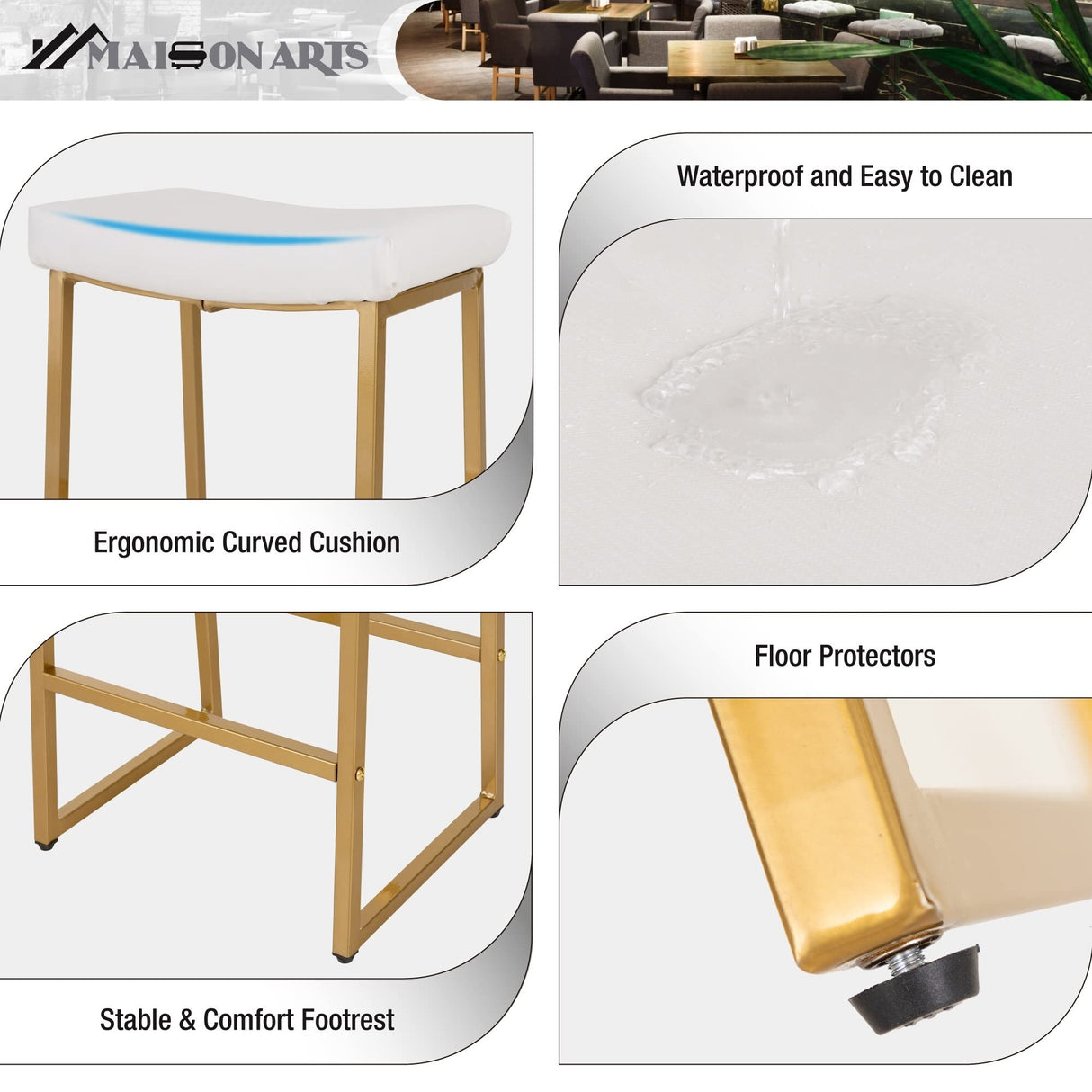 White & Gold Bar Stools Set of 2 for Kitchen Counter Backless Counter Height 24 Inches Saddle Stools Modern Gold Barstools