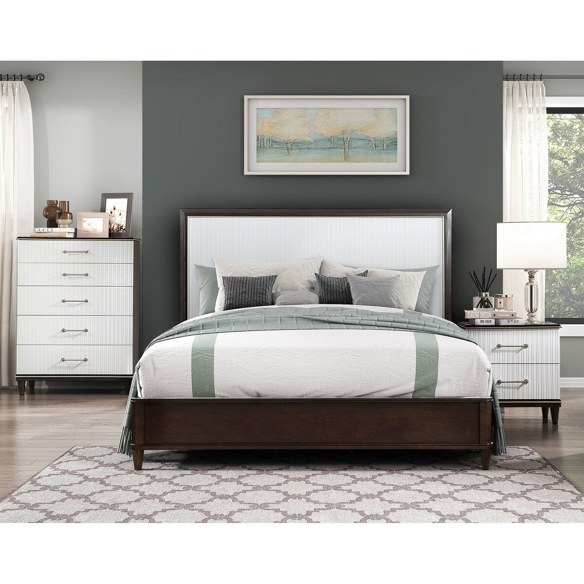 White and Cherry Finish 3pc Bedroom Set Bed Chest Nightstand