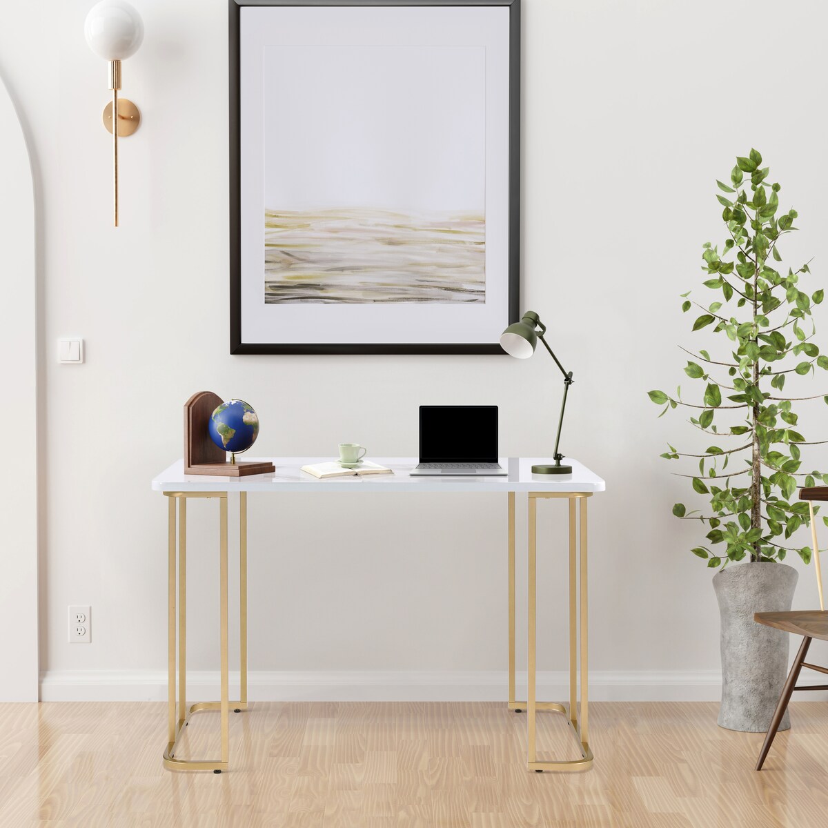 White and Gold Writing Desk with an Open Base Design