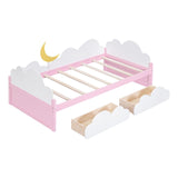 White and Pink Twin Size Bed with Clouds Crescent Moon Decor and 2 Drawers