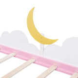 White and Pink Twin Size Bed with Clouds Crescent Moon Decor and 2 Drawers