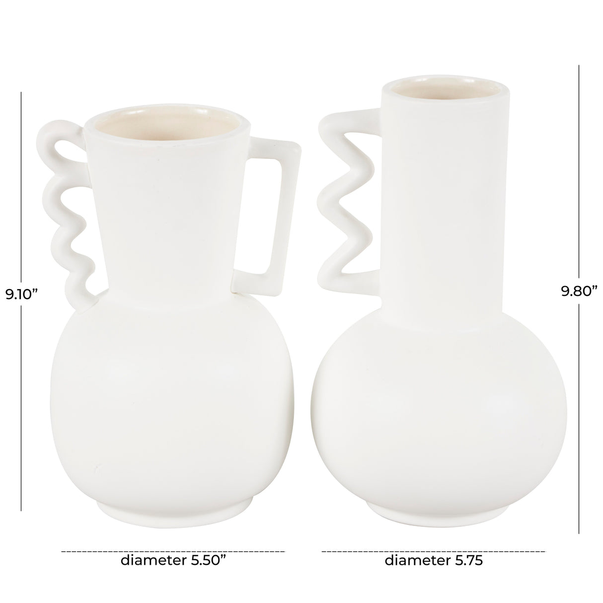 White or Black Ceramic Vase with Varying Shapes and Wavy Handles (Set of 2)