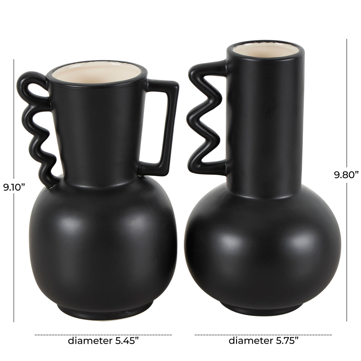 White or Black Ceramic Vase with Varying Shapes and Wavy Handles (Set of 2)