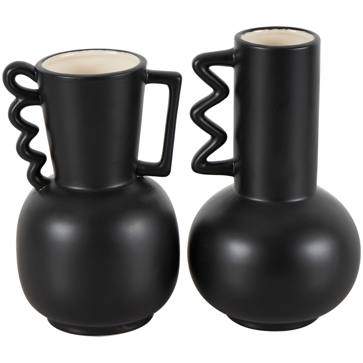 White or Black Ceramic Vase with Varying Shapes and Wavy Handles (Set of 2)