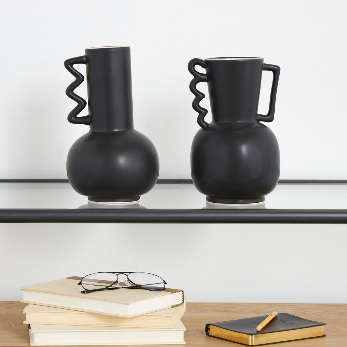 White or Black Ceramic Vase with Varying Shapes and Wavy Handles (Set of 2)