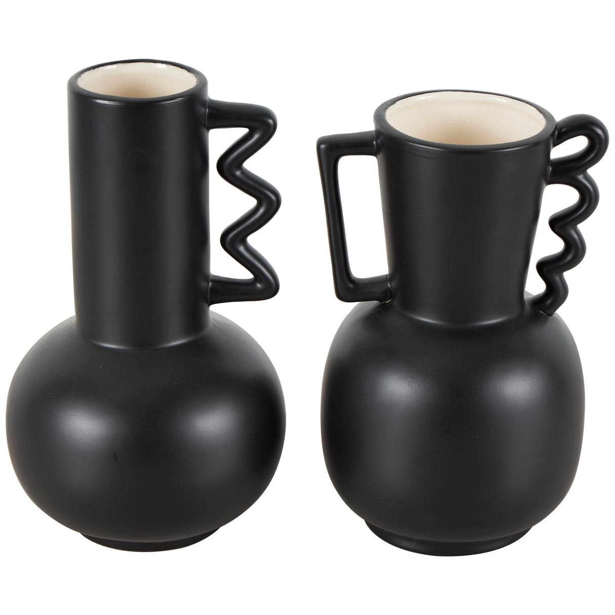 White or Black Ceramic Vase with Varying Shapes and Wavy Handles (Set of 2)
