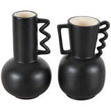 White or Black Ceramic Vase with Varying Shapes and Wavy Handles (Set of 2)