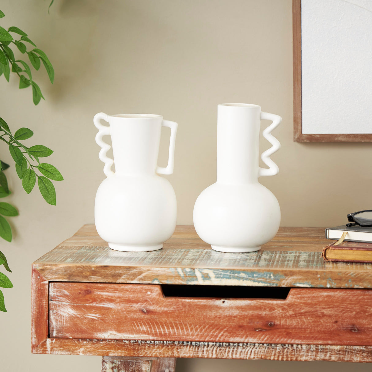 White or Black Ceramic Vase with Varying Shapes and Wavy Handles (Set of 2)