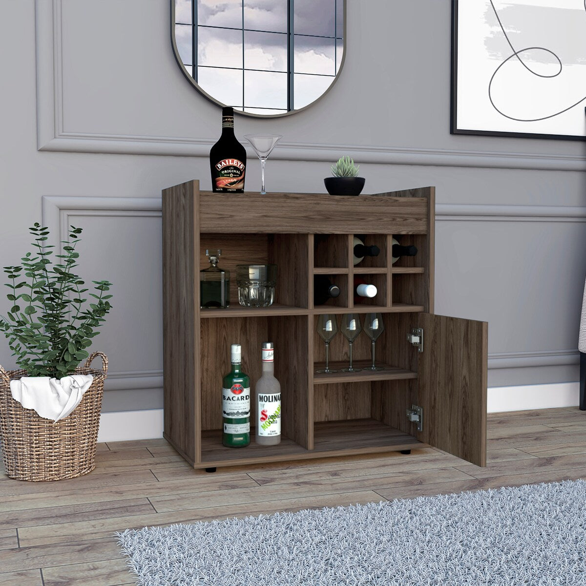 Whitlock 6-Bottle 2-Shelf Bar Cabinet Dark Walnut And Smokey Oak