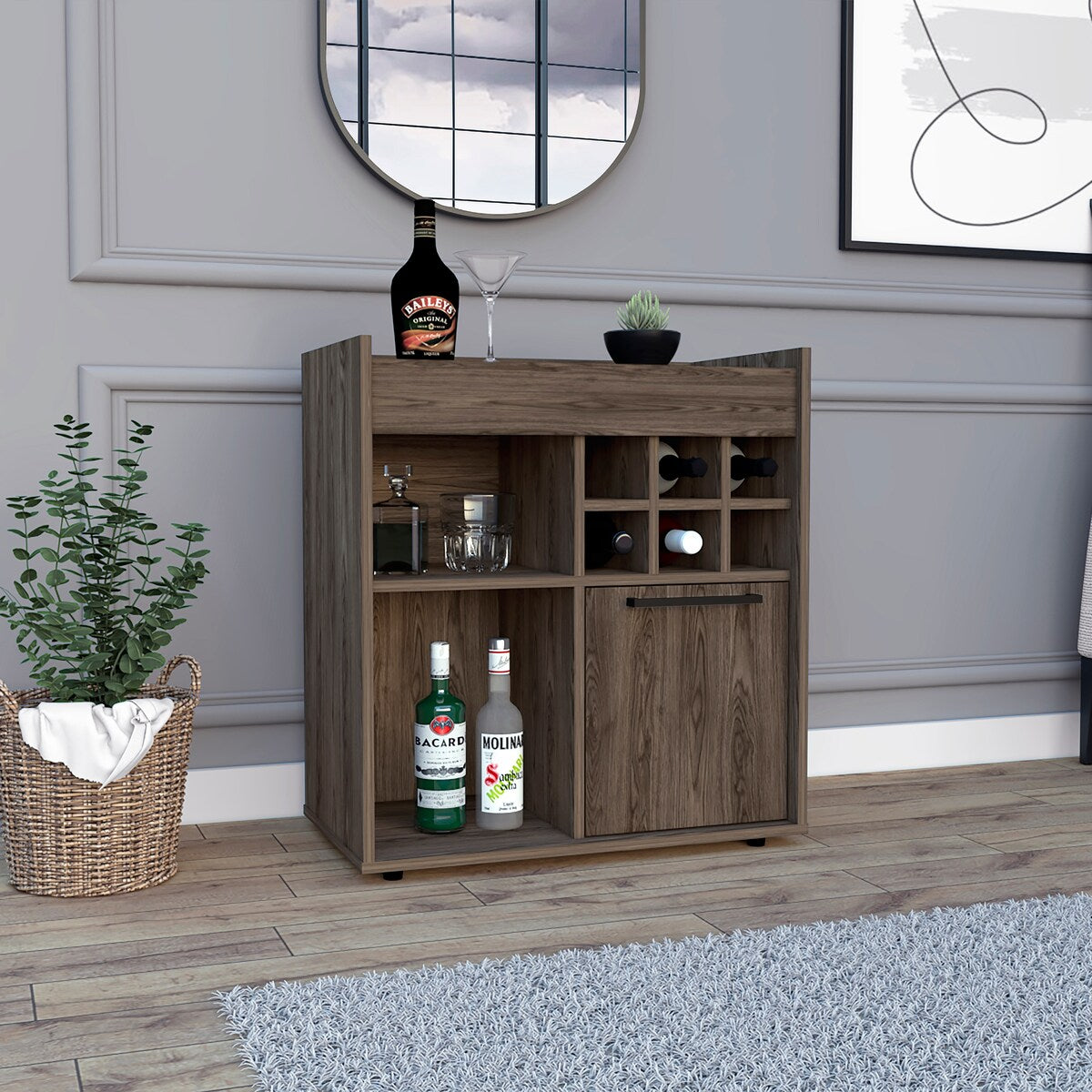 Whitlock 6-Bottle 2-Shelf Bar Cabinet Dark Walnut And Smokey Oak