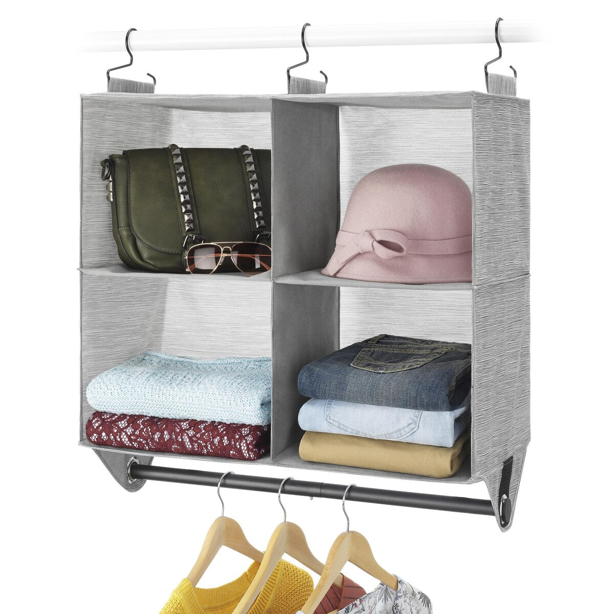 Whitmor 4-Section Fabric Closet Organizer Shelving with Built-In Chrome Garment Rod