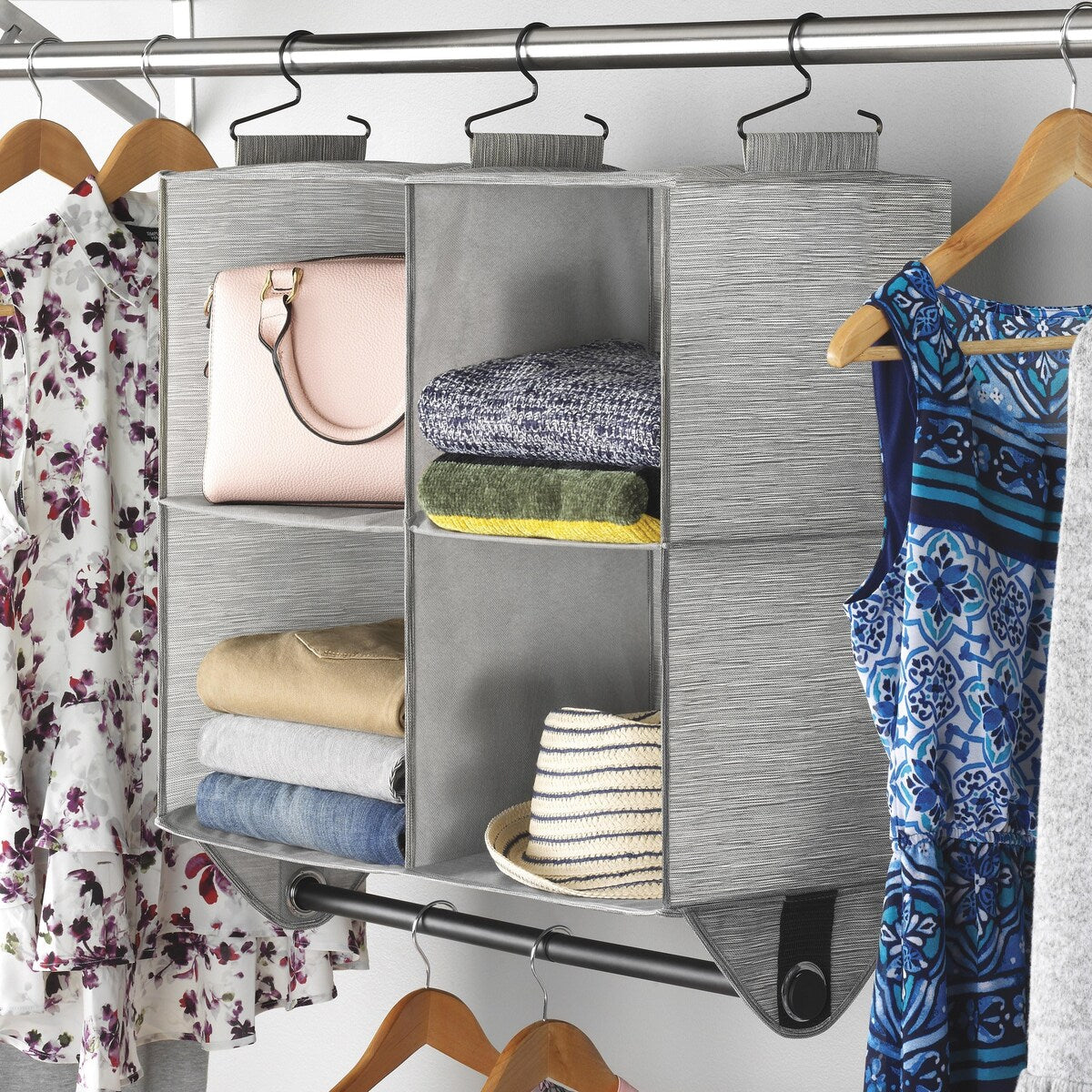 Whitmor 4-Section Fabric Closet Organizer Shelving with Built-In Chrome Garment Rod