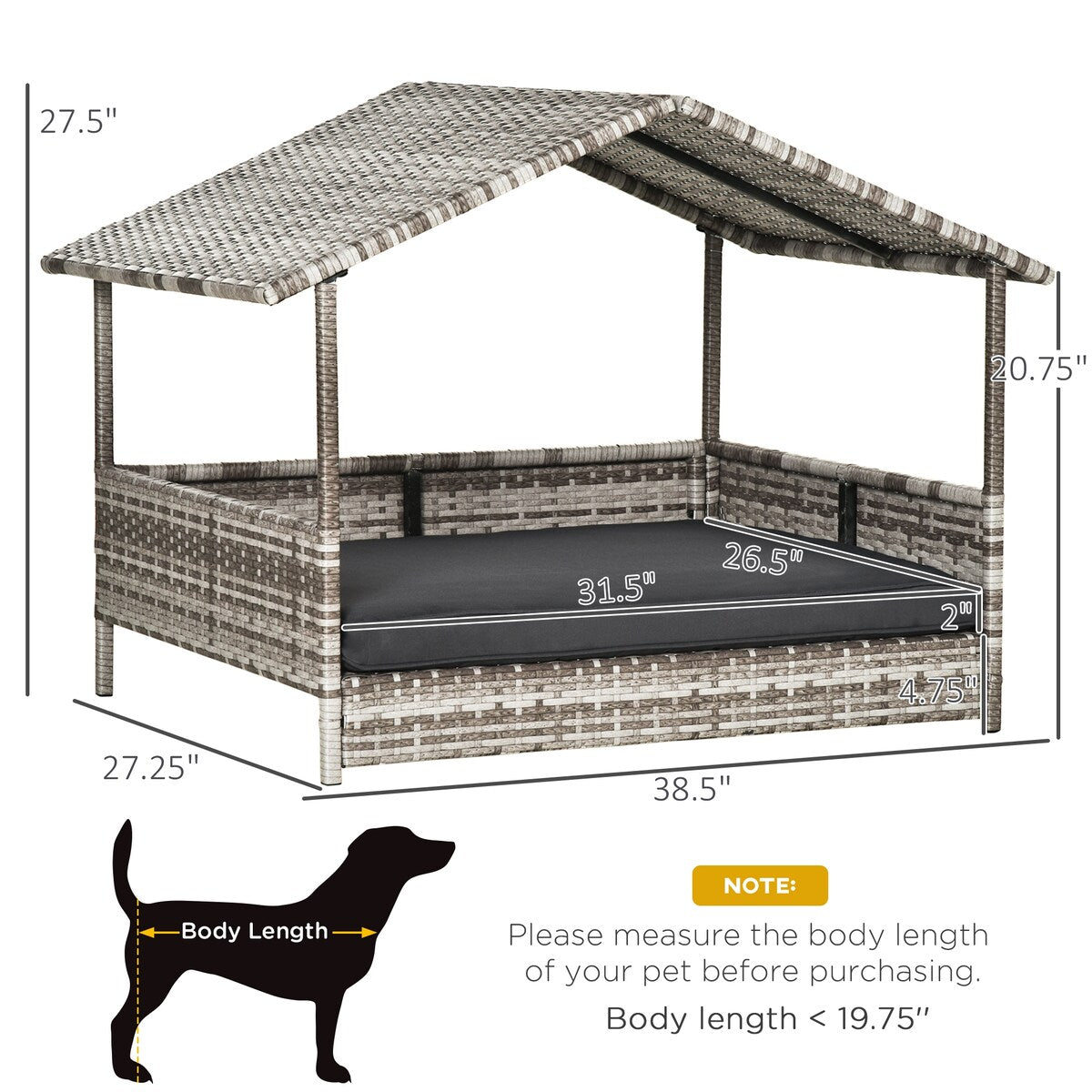 Wicker Dog House Outdoor with Canopy, Rattan Dog Bed with Water-resistant Cushion, for Small and Medium Dogs