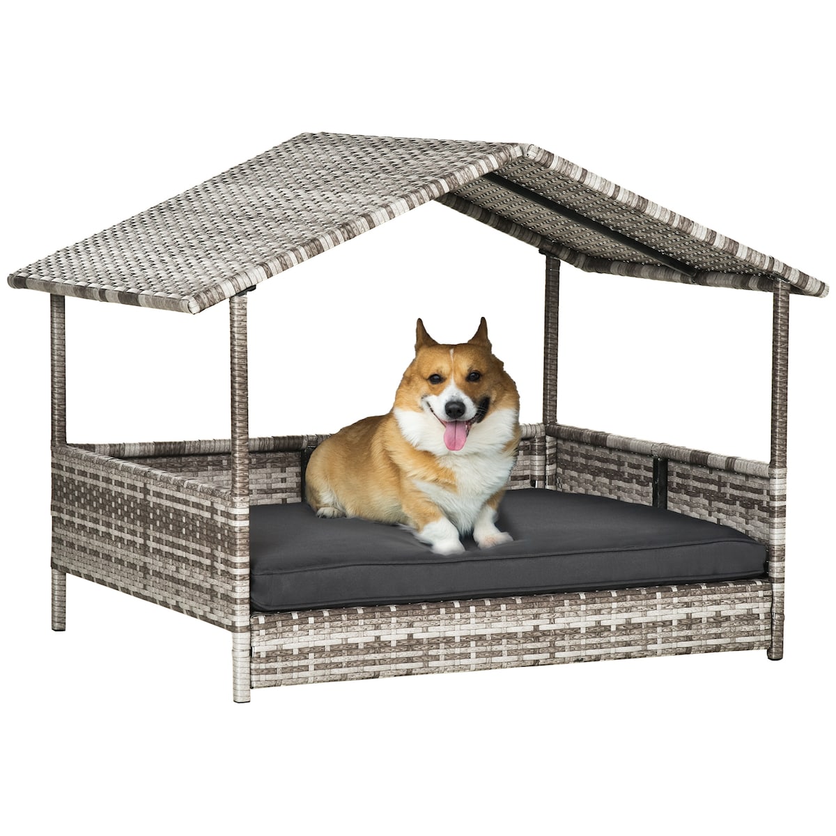 Wicker Dog House Outdoor with Canopy, Rattan Dog Bed with Water-resistant Cushion, for Small and Medium Dogs