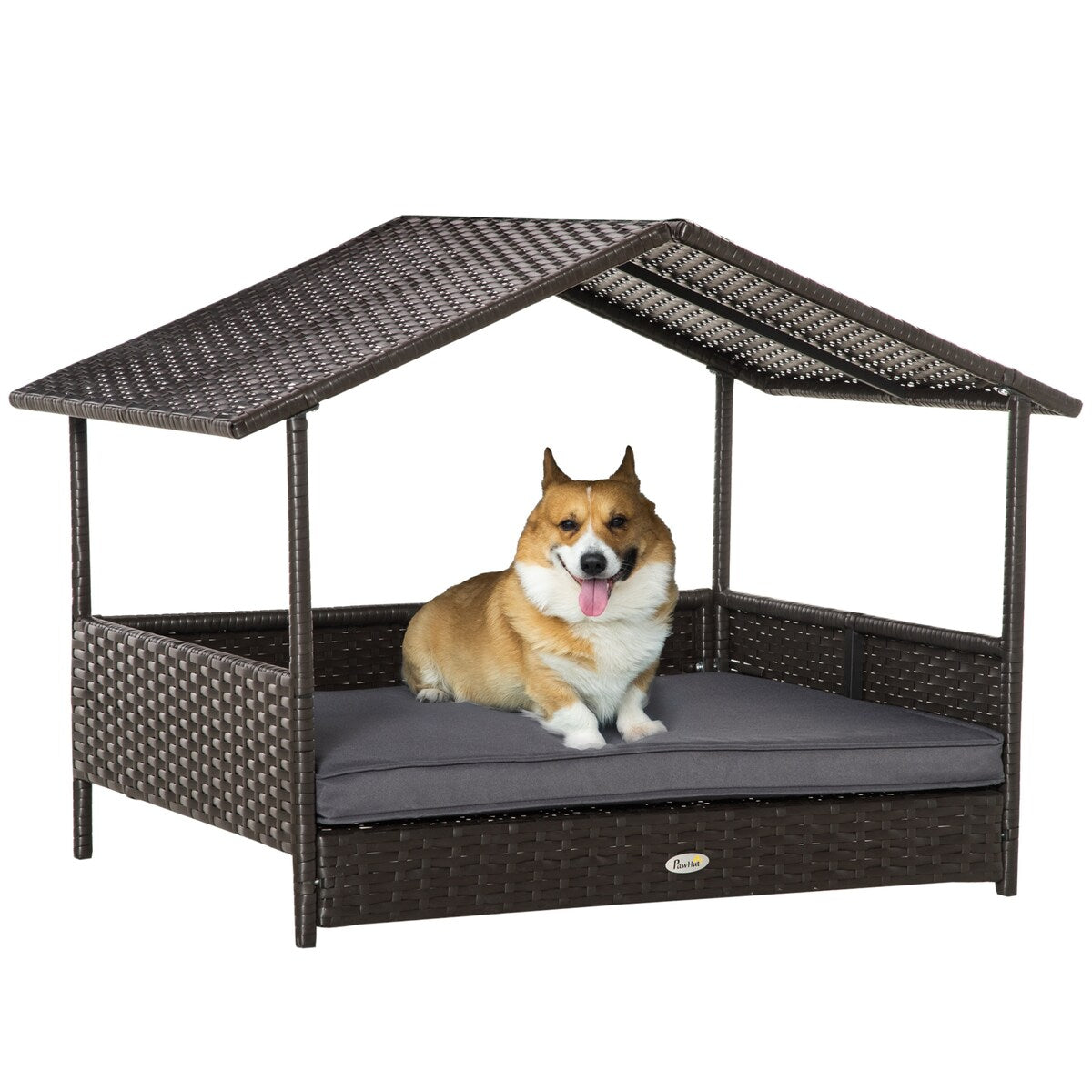 Wicker Dog House Outdoor with Canopy, Rattan Dog Bed with Water-resistant Cushion, for Small and Medium Dogs