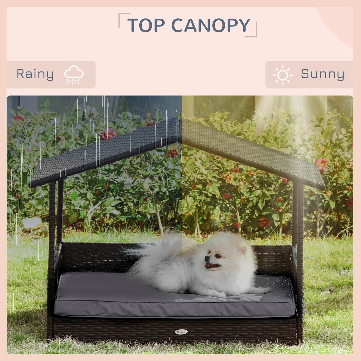 Wicker Dog House Outdoor with Canopy, Rattan Dog Bed with Water-resistant Cushion, for Small and Medium Dogs