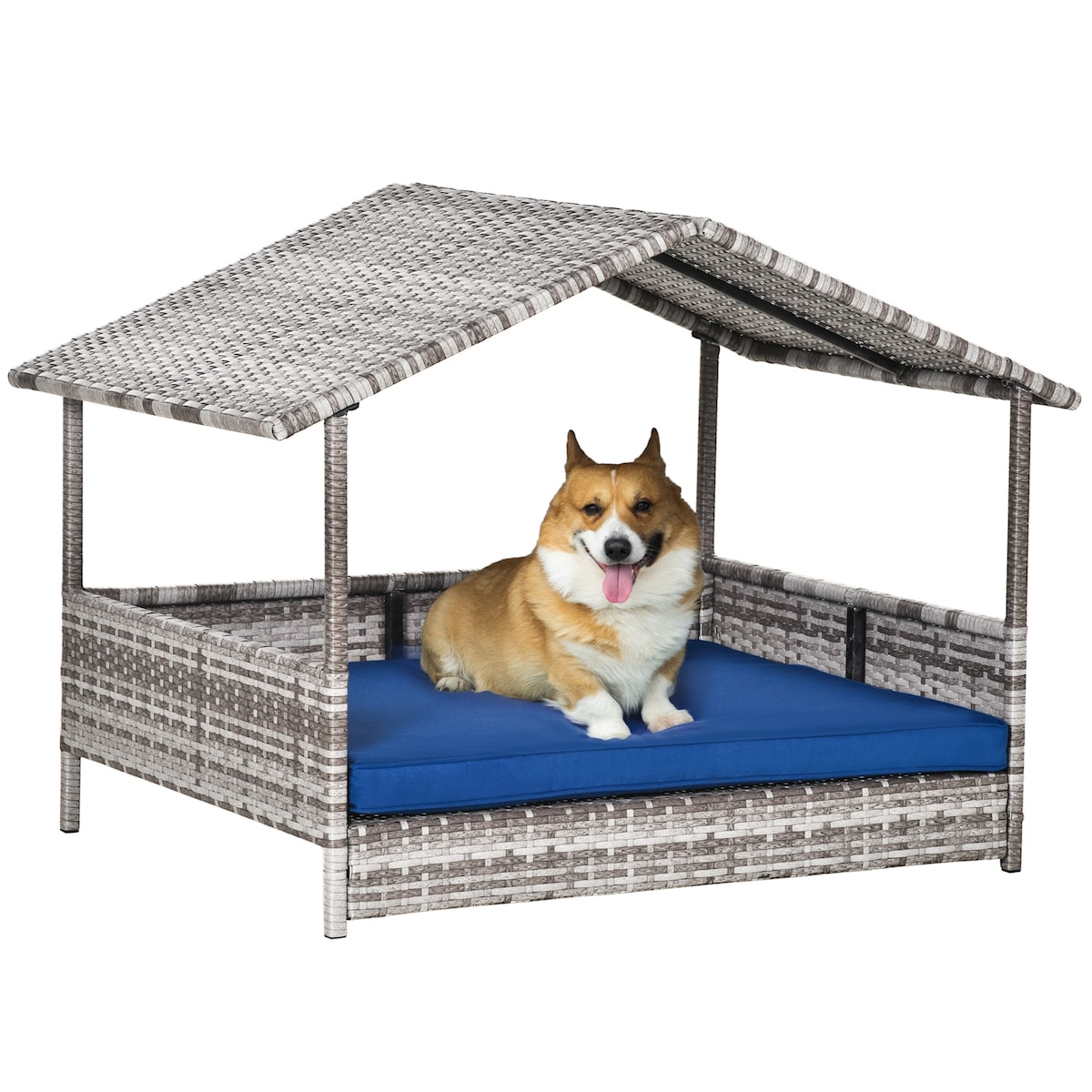Wicker Dog House Outdoor with Canopy, Rattan Dog Bed with Water-resistant Cushion, for Small and Medium Dogs