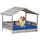 Wicker Dog House Outdoor with Canopy, Rattan Dog Bed with Water-resistant Cushion, for Small and Medium Dogs