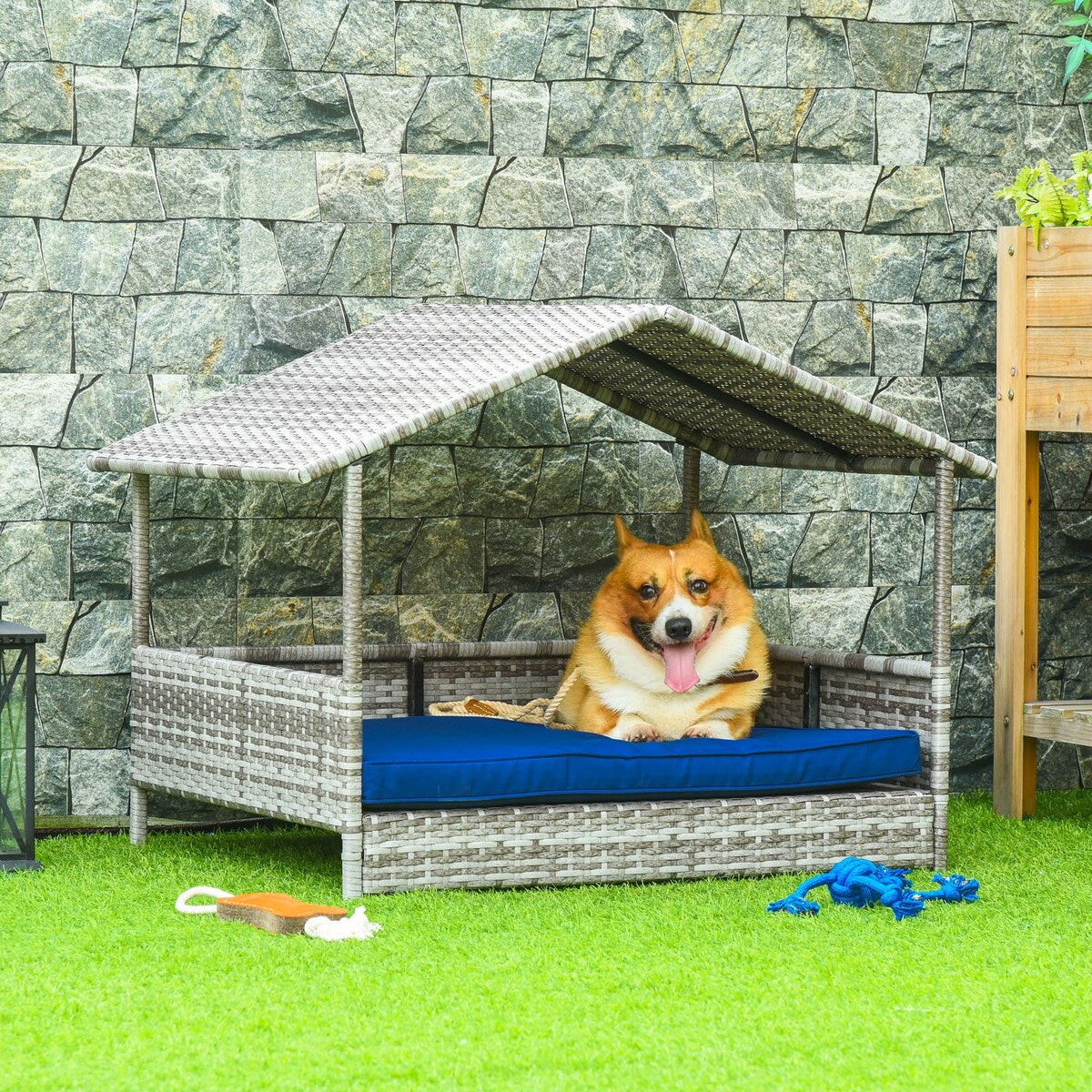 Wicker Dog House Outdoor with Canopy, Rattan Dog Bed with Water-resistant Cushion, for Small and Medium Dogs