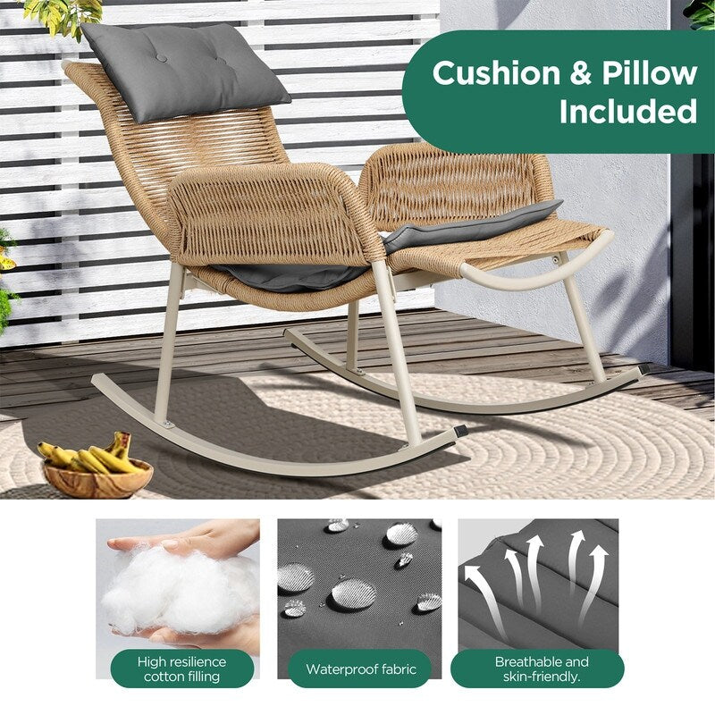 UPHA Outdoor Wicker Hemp Rope Front And Rear Rocking Chair Yellow Flat Rattan with Cushions