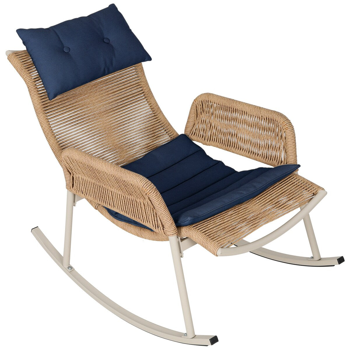 UPHA Outdoor Wicker Hemp Rope Front And Rear Rocking Chair Yellow Flat Rattan with Cushions