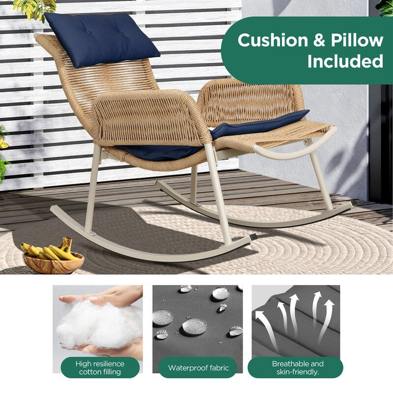 UPHA Outdoor Wicker Hemp Rope Front And Rear Rocking Chair Yellow Flat Rattan with Cushions