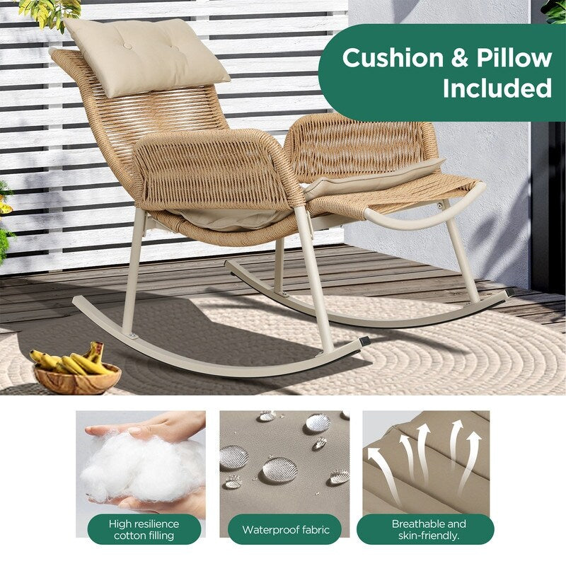 UPHA Outdoor Wicker Hemp Rope Front And Rear Rocking Chair Yellow Flat Rattan with Cushions