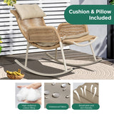 UPHA Outdoor Wicker Hemp Rope Front And Rear Rocking Chair Yellow Flat Rattan with Cushions