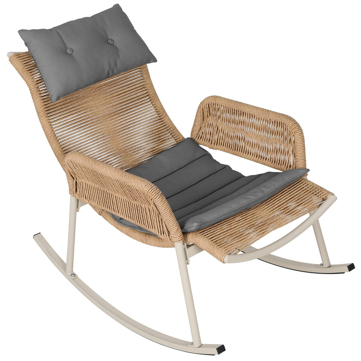 UPHA Outdoor Wicker Hemp Rope Front And Rear Rocking Chair Yellow Flat Rattan with Cushions