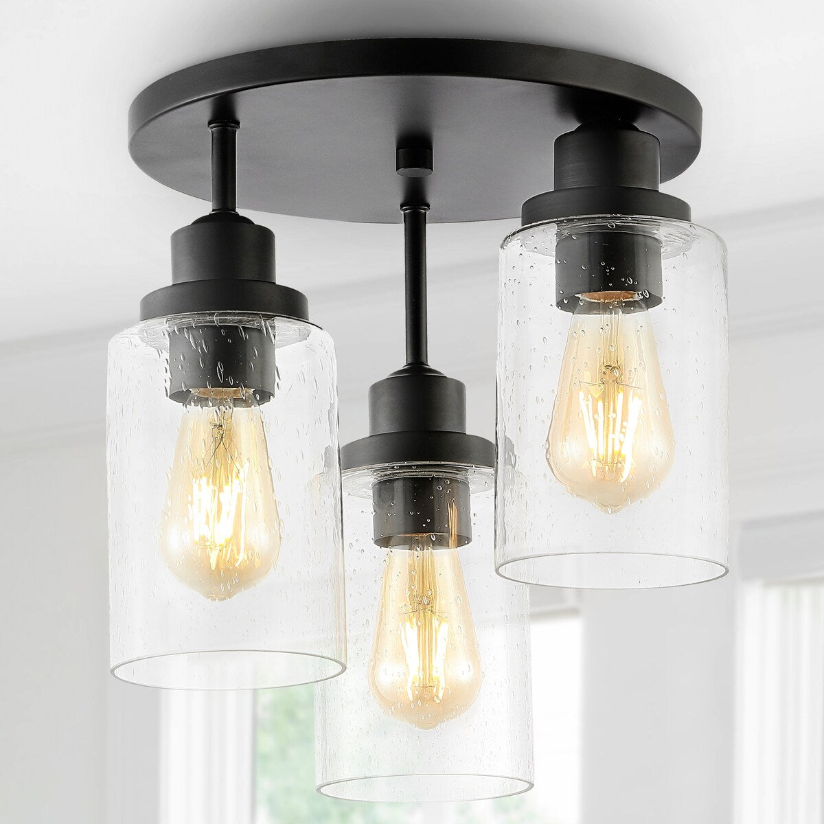 Wicklow 12" 3-Light Bohemian Farmhouse Iron/Seeded Glass LED Semi Flush Mount, Black/Clear by JONATHAN Y
