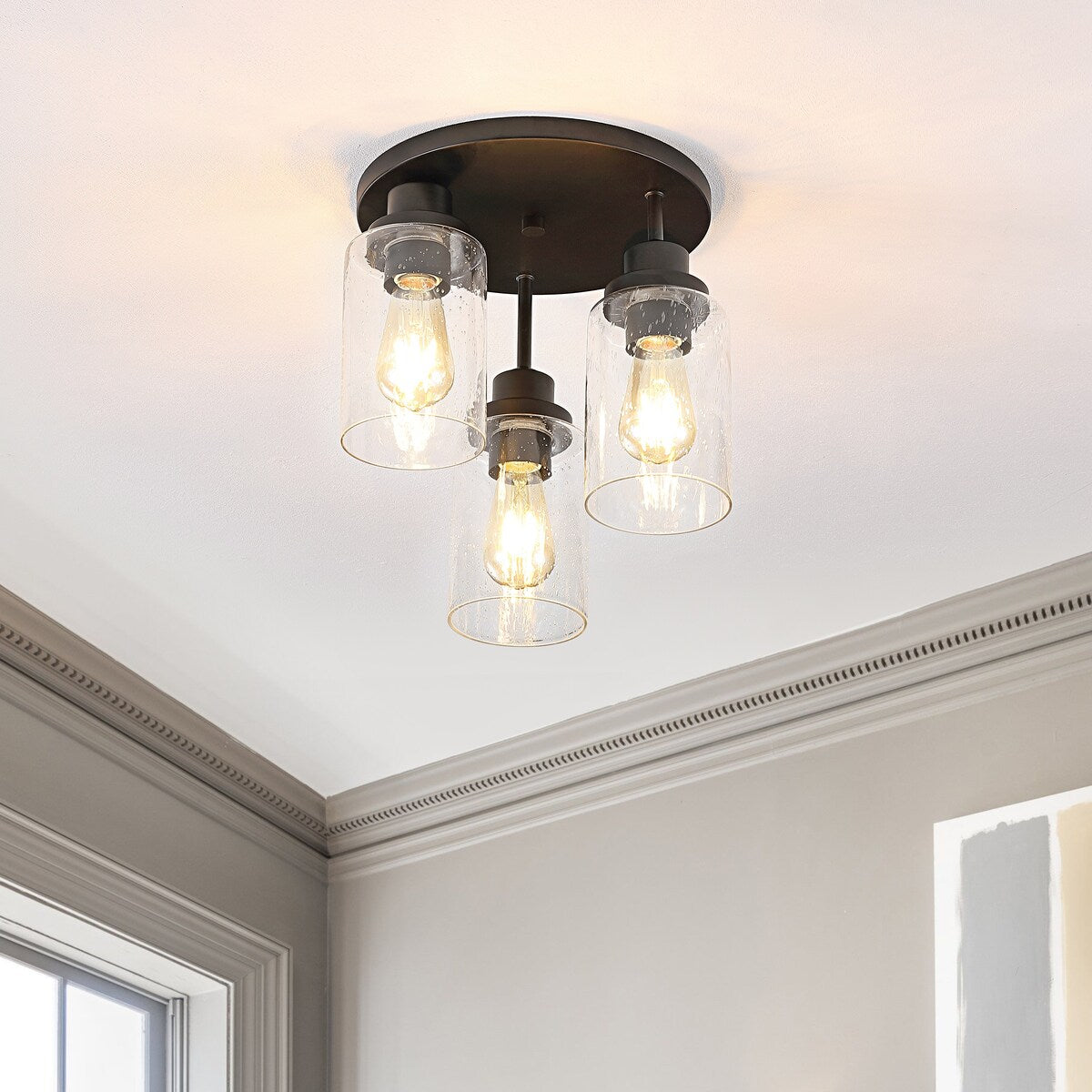 Wicklow 12" 3-Light Bohemian Farmhouse Iron/Seeded Glass LED Semi Flush Mount, Black/Clear by JONATHAN Y