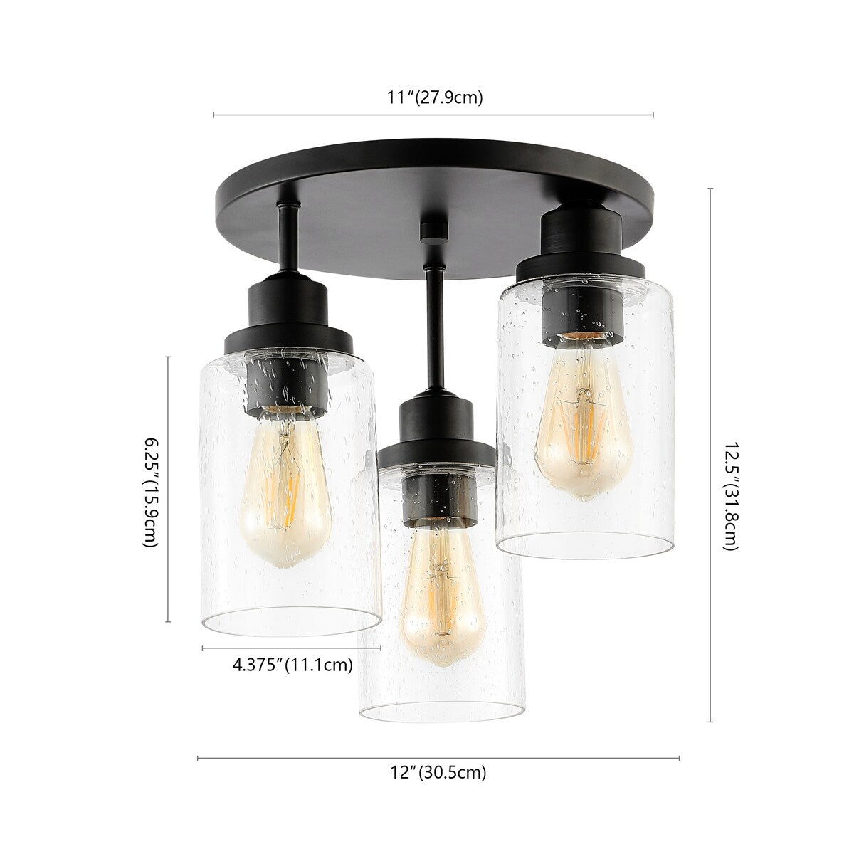 Wicklow 12" 3-Light Bohemian Farmhouse Iron/Seeded Glass LED Semi Flush Mount, Black/Clear by JONATHAN Y