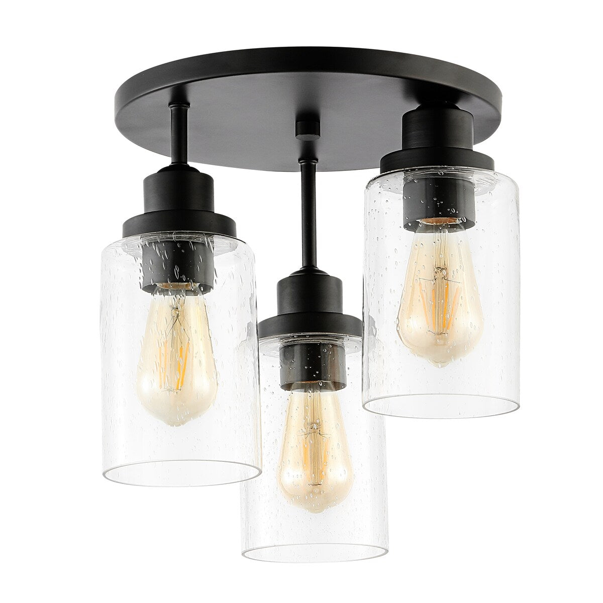 Wicklow 12" 3-Light Bohemian Farmhouse Iron/Seeded Glass LED Semi Flush Mount, Black/Clear by JONATHAN Y