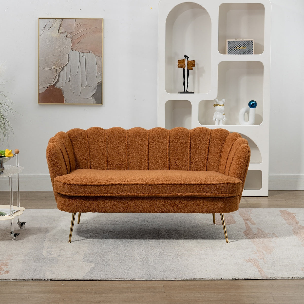 Wide Boucle Loveseat Small Sofa Couch 2 Seater Sofa Gold Metal Legs