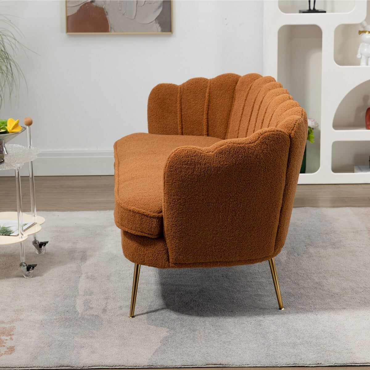 Wide Boucle Loveseat Small Sofa Couch 2 Seater Sofa Gold Metal Legs
