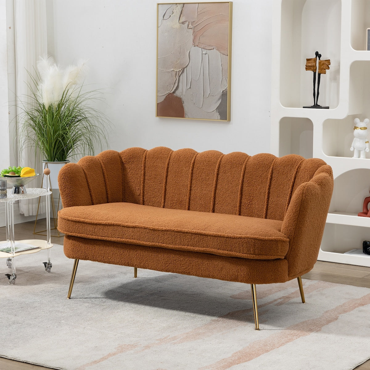 Wide Boucle Loveseat Small Sofa Couch 2 Seater Sofa Gold Metal Legs