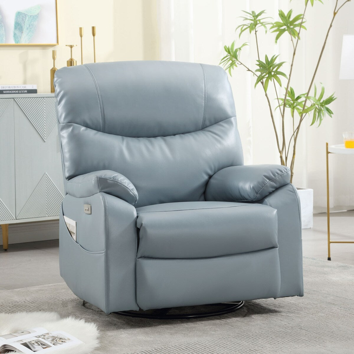 Wide Modern and Soft Breathable Fabric Swivel and Rocker Power Recline