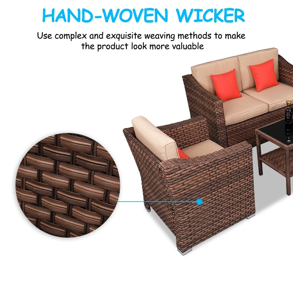 Wide Rattan Double Contiguous Rattan Four-Piece Suit 1 Double 2 Single 1 Double Coffee Table Brown