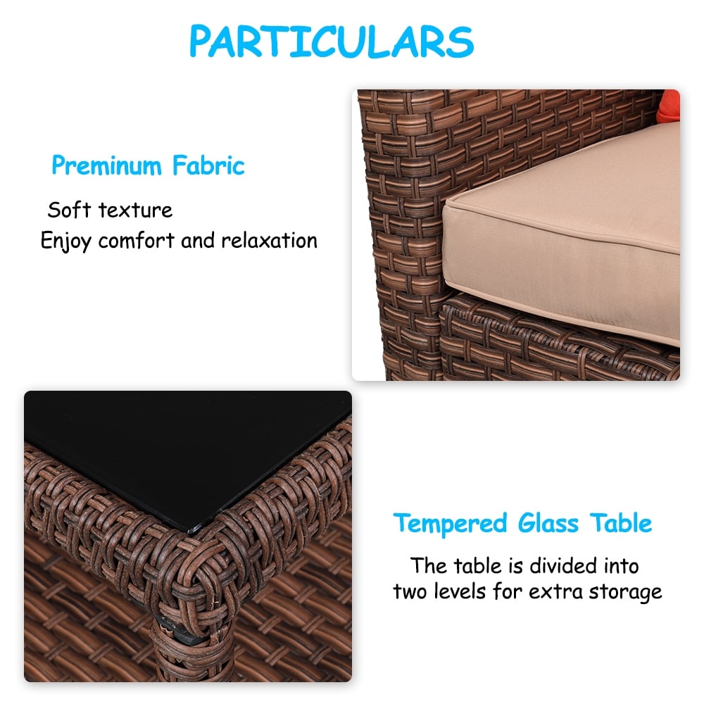 Wide Rattan Double Contiguous Rattan Four-Piece Suit 1 Double 2 Single 1 Double Coffee Table Brown