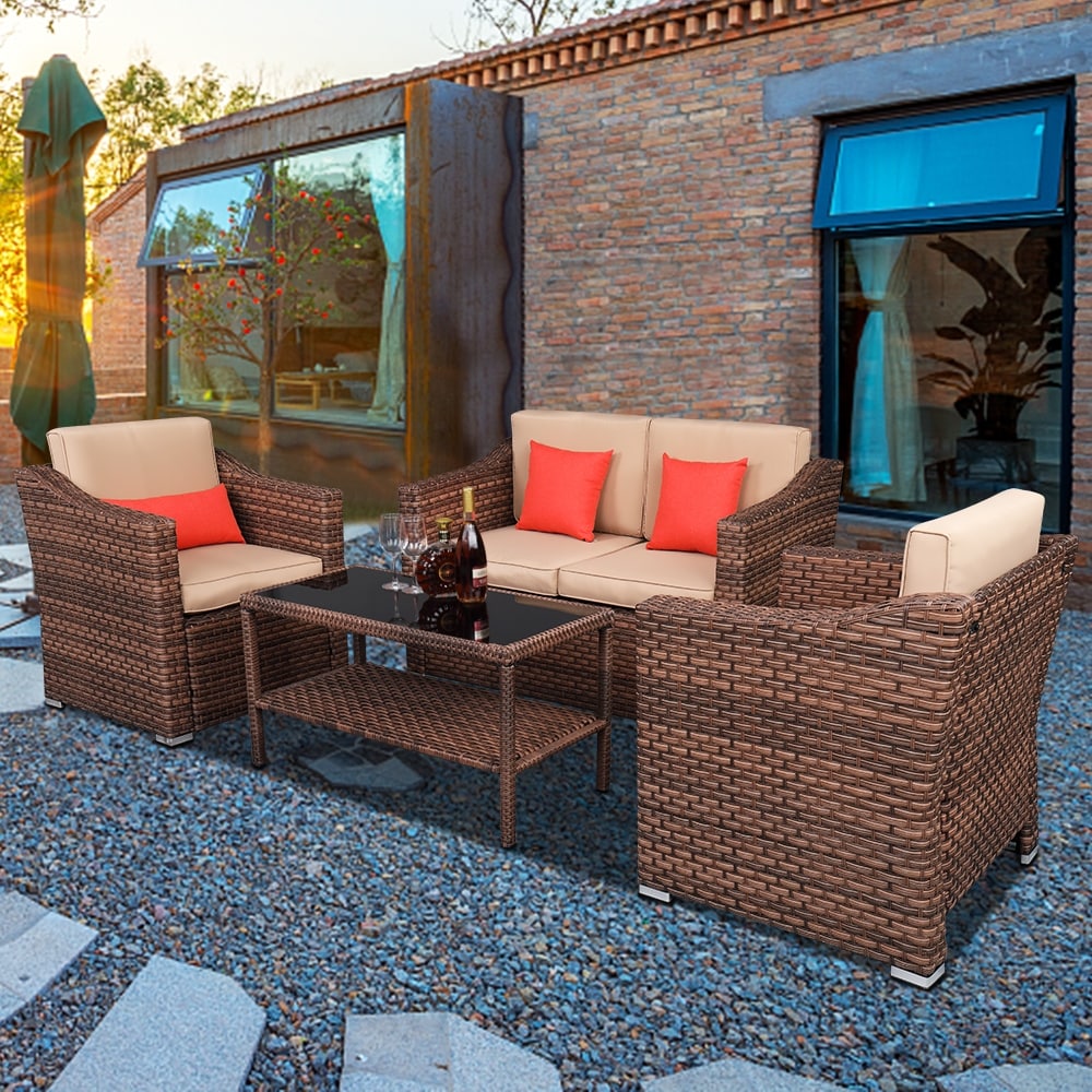 Wide Rattan Double Contiguous Rattan Four-Piece Suit 1 Double 2 Single 1 Double Coffee Table Brown