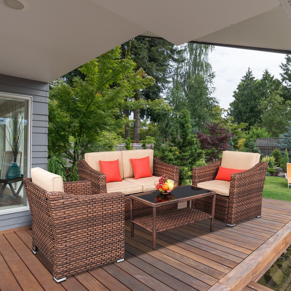Wide Rattan Double Contiguous Rattan Four-Piece Suit 1 Double 2 Single 1 Double Coffee Table Brown